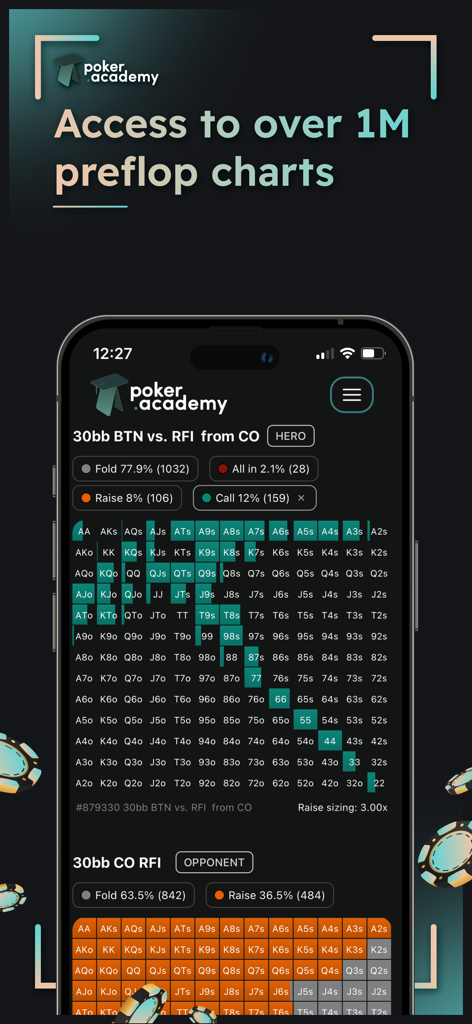 Poker Academy: Learn GTO poker - Interfaccia dell'app Poker Academy che mostra grafici dettagliati di strategia preflop GTO e range di mani