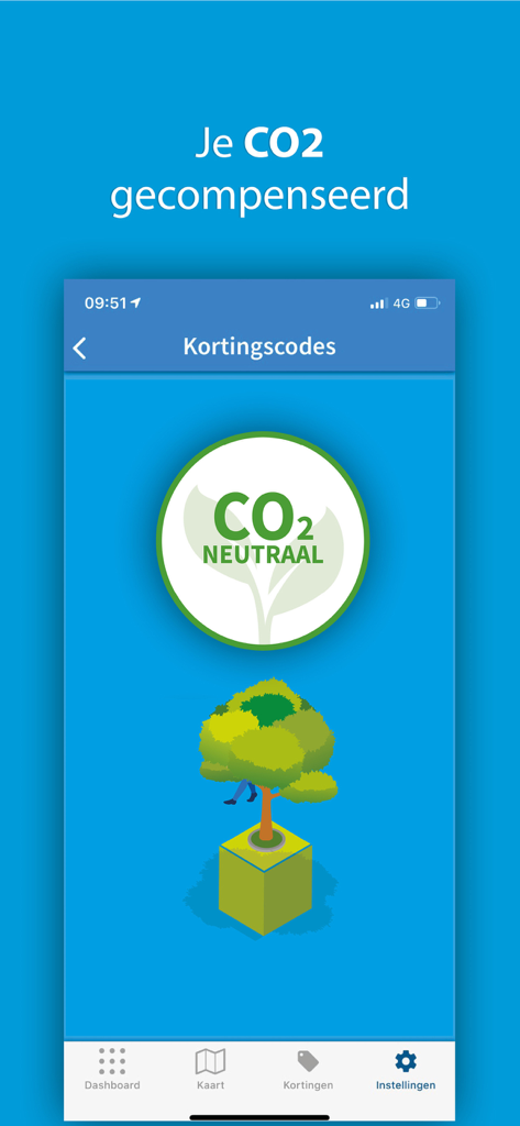 Tankey - Goedkoop tanken - Tankey app interface showing a CO2 neutral logo and a tree graphic for fuel emission compensation