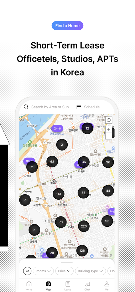 Mobile app map showing available short term rental properties in Seoul Korea