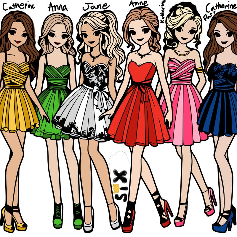 group of six teenage girls in prom dresses