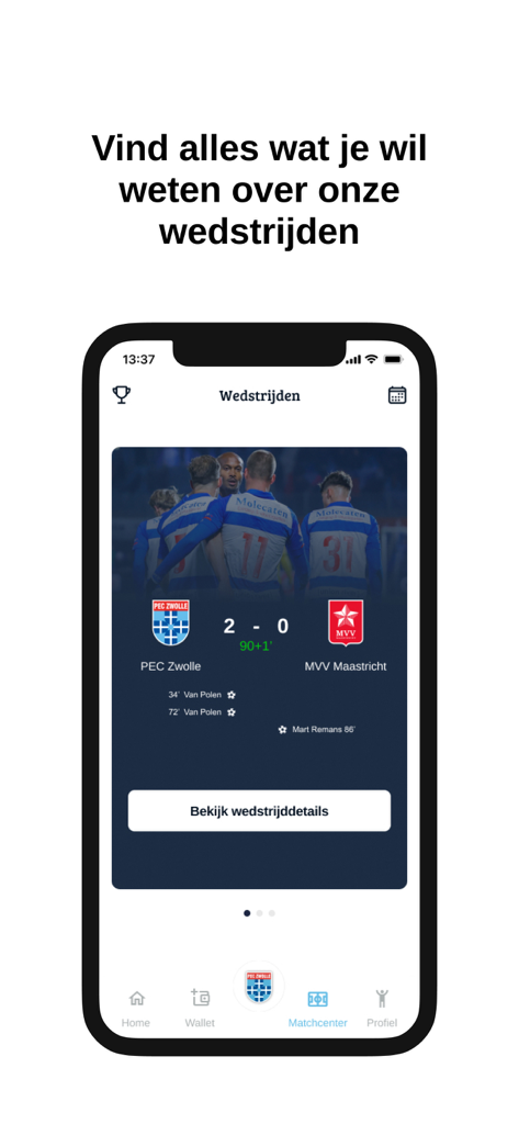 PEC Zwolle App - PEC Zwolle App match center interface showing football scores and game facts