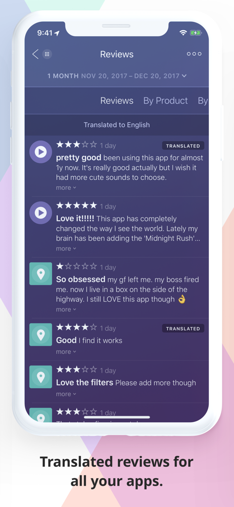 Appfigures Analytics - Appfigures Analytics mobile dashboard showing translated user reviews for global app monitoring.