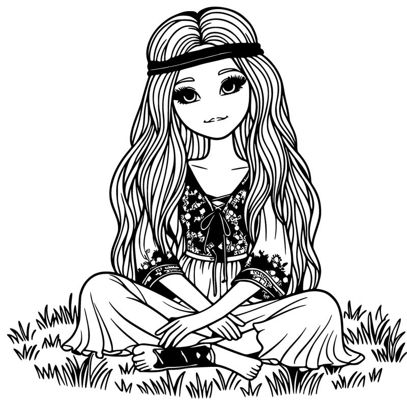 a realistic woman dressed in hippie clothes sitting on the grass