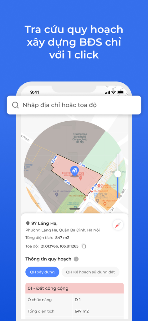 Meey Map - Tra quy hoạch 4.0 - Meey Map mobile app displaying construction planning data and land dimensions for a real estate property in Hanoi