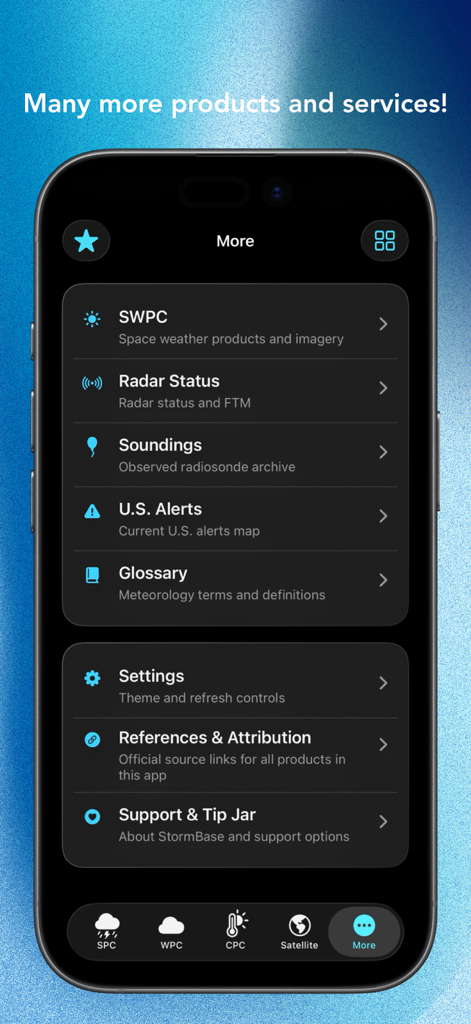 A screenshot of the StormBase app More menu showing advanced weather tools like SWPC radar status soundings and US alerts