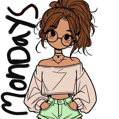 girl with a messy ponytail glasses a baggy crop top and jean shorts