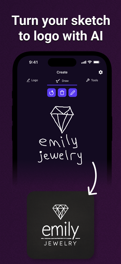 AI Logo Maker: LogoAI - Uma tela de aplicativo móvel mostrando o esboço de um logo de joalheria com diamantes feito à mão sendo transformado em um design profissional usando IA.