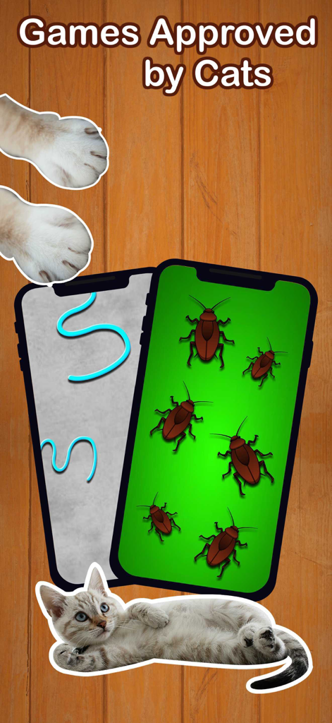 A promotional image for a cat game showing two smartphones with interactive bug and string toys for cats