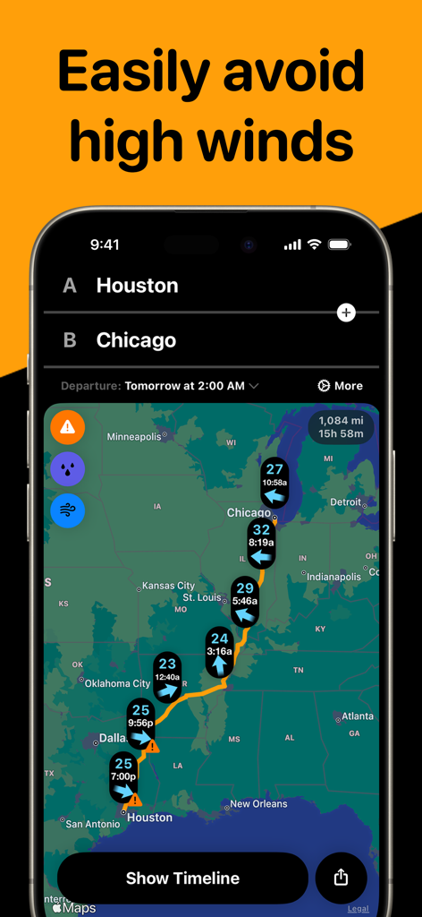 A driving route from Houston to Chicago on the Weather on the Way app showing wind speed and direction forecasts along the path.