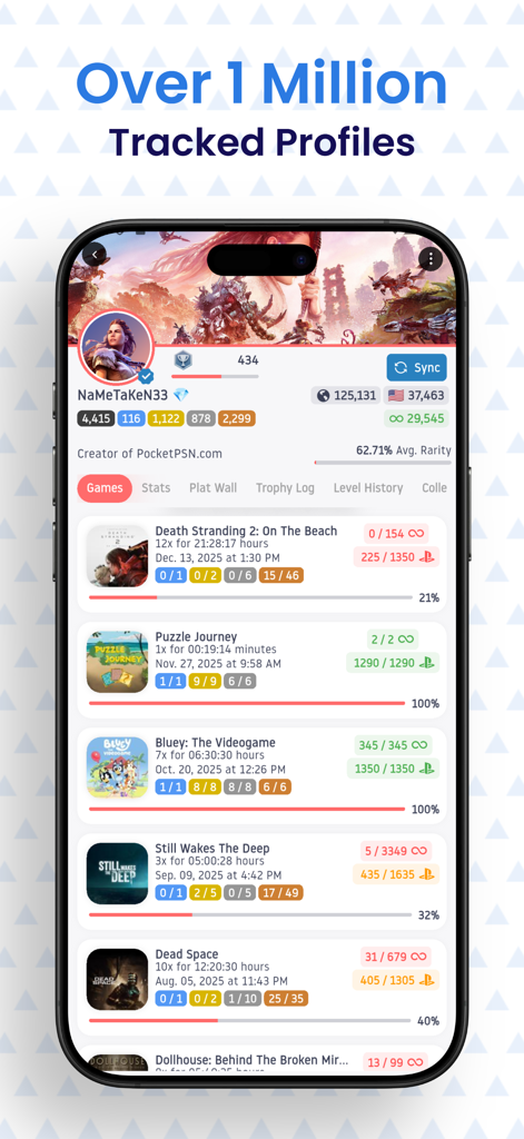 Painel do aplicativo Pocket PSN mostrando um perfil de usuário com estatísticas de troféus e uma lista de jogos PlayStation rastreados com porcentagens de conclusão