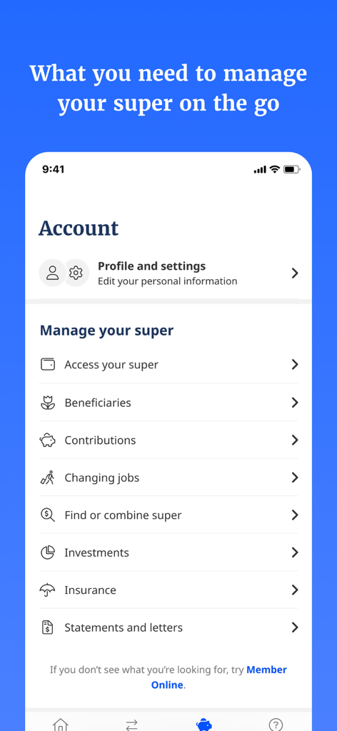 Australian Retirement Trust - Mobile screen showing account management options for superannuation investments and insurance in the ART app