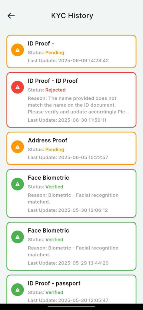 Codego KYC - Codego KYC App Verlaufsbildschirm, der den Status von Identitäts- und biometrischen Verifizierungsprüfungen anzeigt