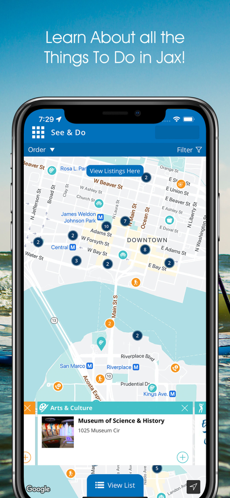 Visit JAX! - Mobile app screen showing an interactive map of Jacksonville attractions like museums and parks