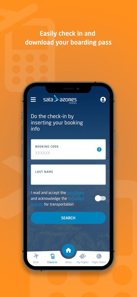 Interfaccia di check-in dell'app mobile SATA Azores Airlines per i passeggeri dei voli