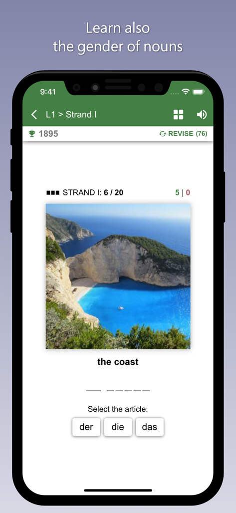 Ein Screenshot einer mobilen App, der eine deutsche Vokabelübung zeigt, bei der der Benutzer den richtigen Geschlechtsartikel für das Wort Küste auswählt.