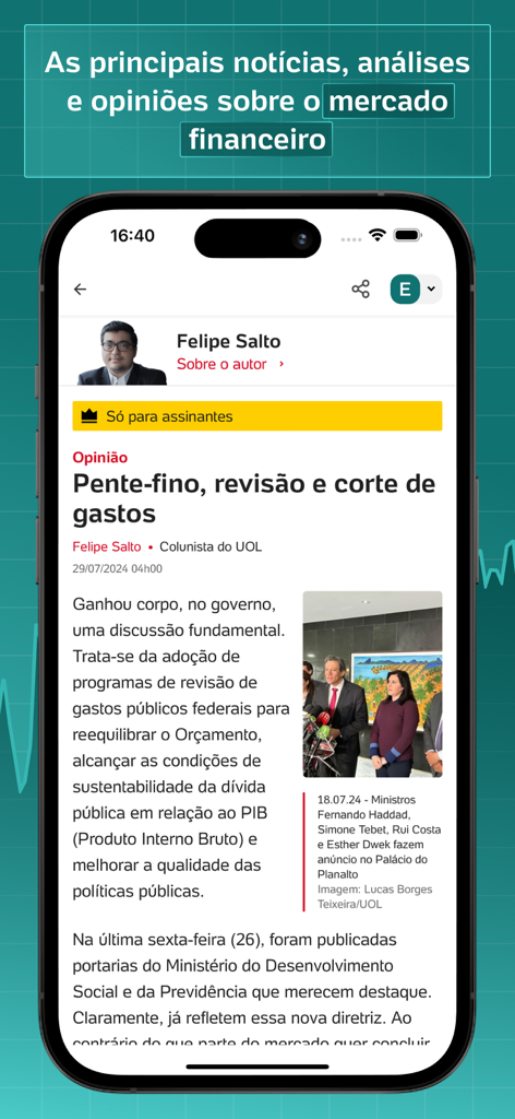 Aplicativo UOL Cotações mostrando um artigo de notícias financeiras sobre o mercado brasileiro em um iPhone.