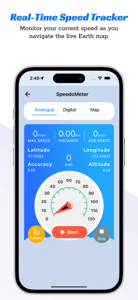 Real-time speed tracker interface with analogue speedometer displaying speed distance and GPS coordinates