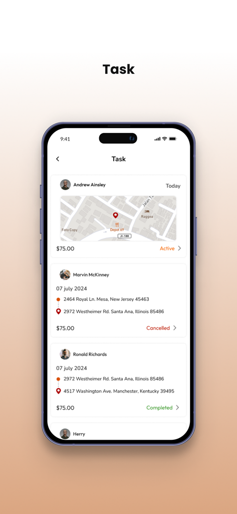 HaulCat User - HaulCat User app displaying a list of active cancelled and completed delivery tasks with status and pricing