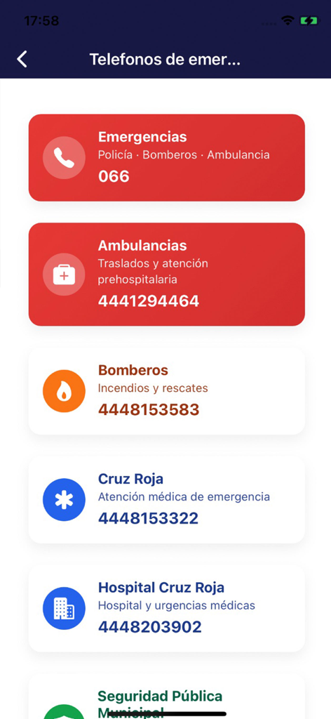 Plano Informativo - Emergency service contact numbers for San Luis Potosi in the Plano Informativo app