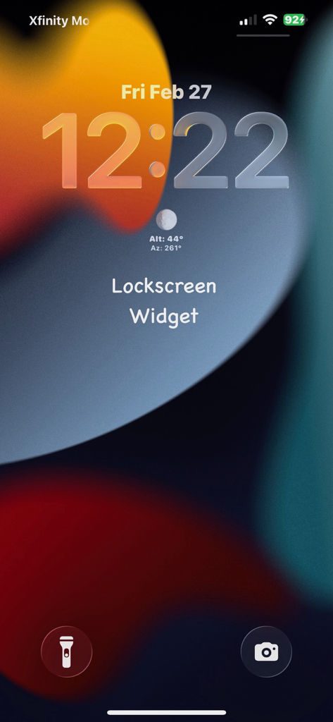 Moon Finder: Moonrise Widget - A circular iPhone lock screen widget from Moon Finder showing the moon phase altitude and azimuth data.