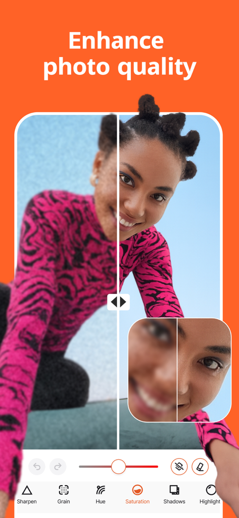 Una comparación de antes y después que muestra el potenciador de imágenes IA de la aplicación Photo Up enfocando un retrato borroso