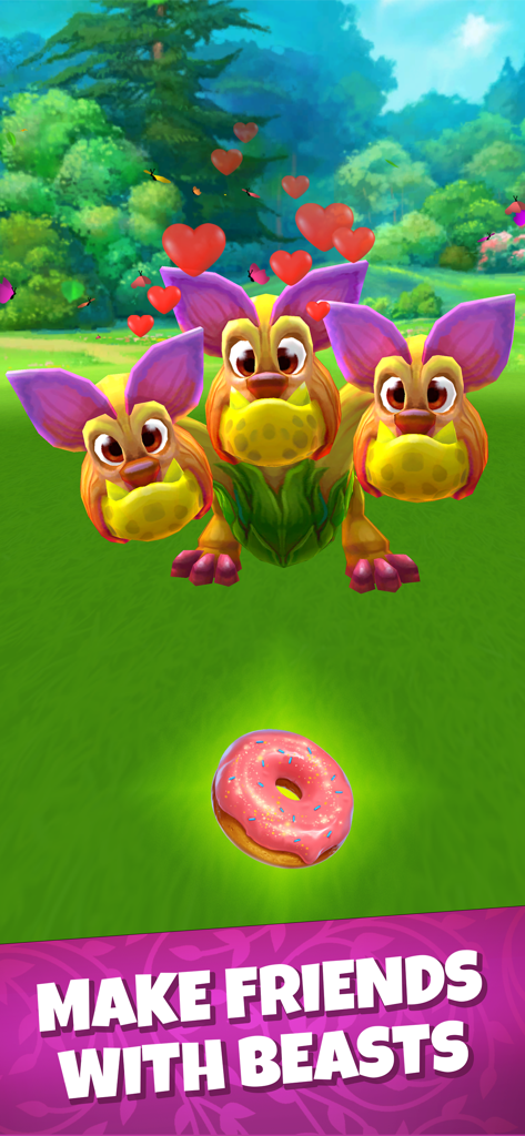 A three headed fantasy beast being offered a pink donut in the Draconius GO mobile game