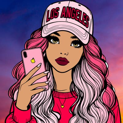 realistic beautiful girl wearing los ángeles cap holding an iphone