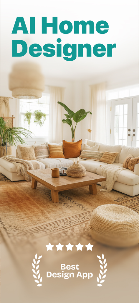 AI Home Design - Renovo - AI Home Designer app screen featuring a modern living room interior and best design app award badge