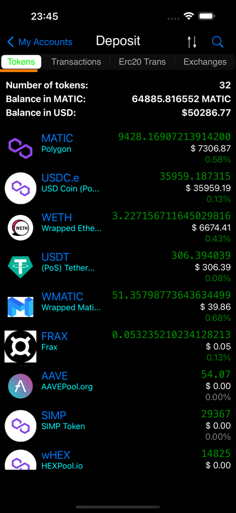 Screenshot of Matic Address Explorer app displaying a list of crypto tokens and wallet balances on the Polygon network