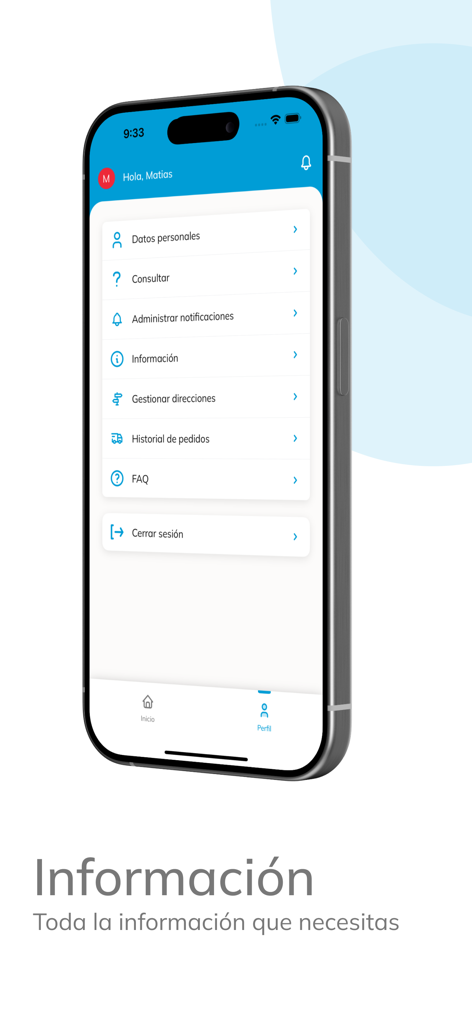 Gasconnect Mobile App-Benutzerprofilbildschirm mit Kontoeinstellungen und Bestellhistorie auf Spanisch