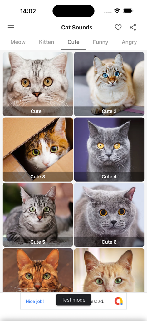 Cat Sounds - Meow Soundboard - Mobile app interface of Cat Sounds showing a grid of different cute cat photos for sound selection