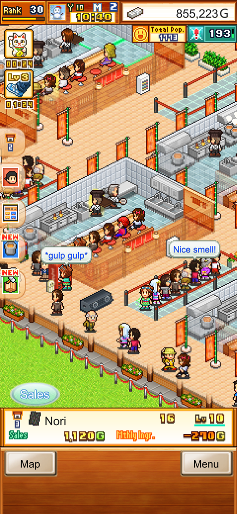 The Ramen Sensei - Captura de tela do jogo de uma loja de ramen movimentada em pixel art com clientes jantando e esperando na fila.