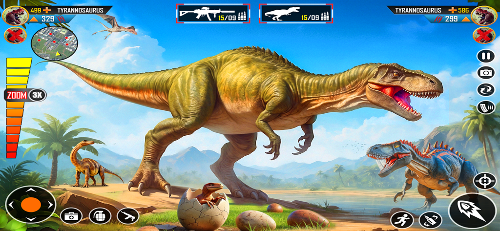 Dino Family Adventure Game - A Tyrannosaurus Rex mother protecting her dinosaur eggs in a prehistoric jungle setting.