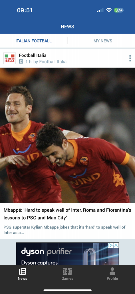 Football Italia - Screenshot of the Football Italia app showing a news article about Serie A clubs and player quotes.