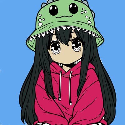 girl with anime shaped eyes with a dinosaur bucket hat oversized sweatshirt long straight hair