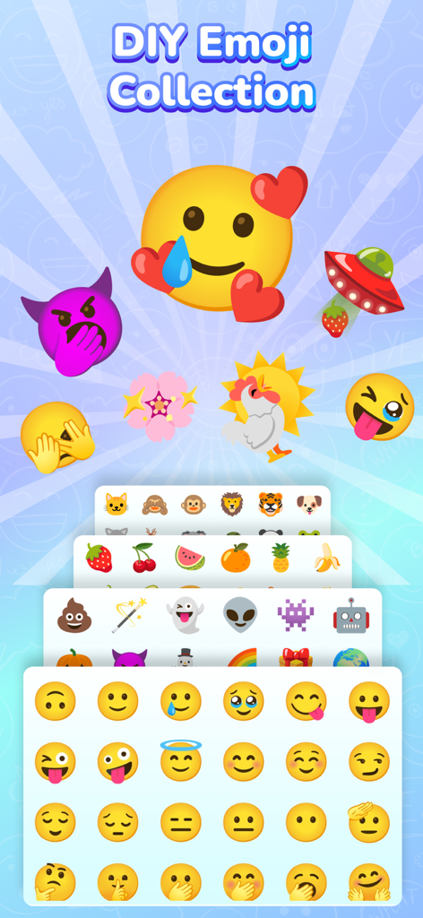 Emoji Kitchen - Emoji Mix - A colorful display of various custom merged emojis and multiple categories of icons available for DIY creation in the app.