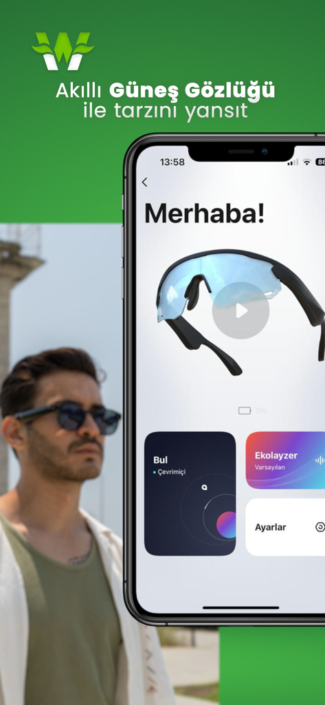 Wiami - Smartphone displaying the Wiami app interface for controlling and customizing smart sunglasses settings