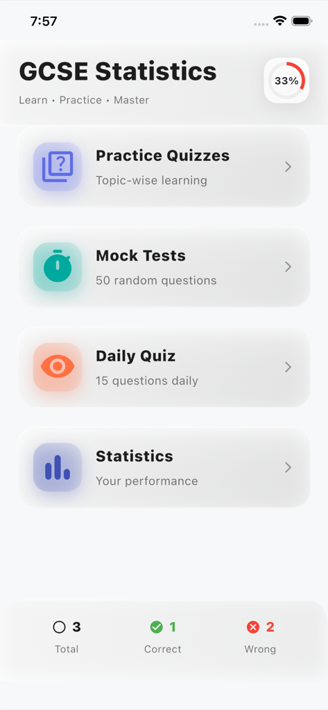 GCSE Statistics Practice Pro - GCSE Statistics Practice Pro app dashboard showing quiz and test options