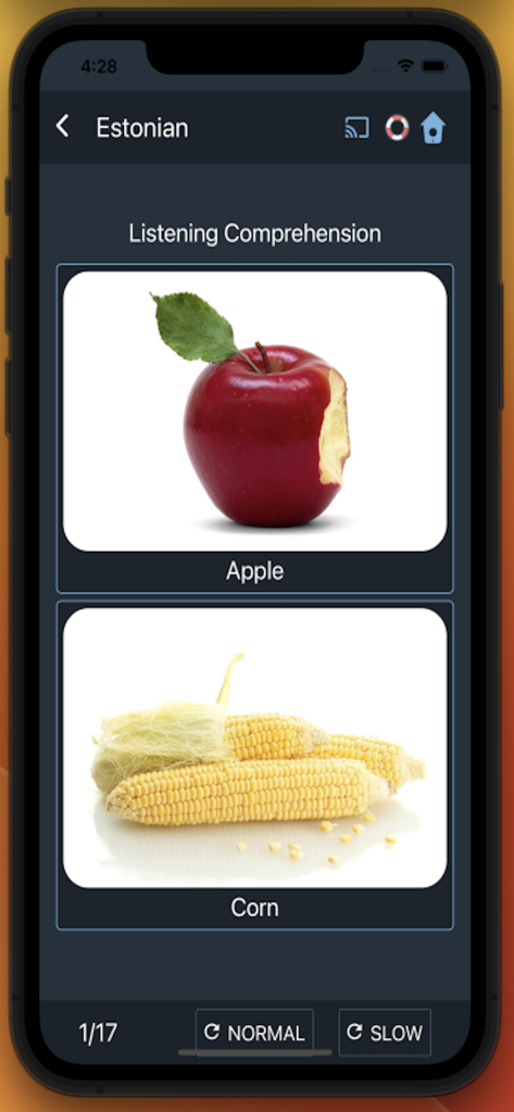 Bluebird: Learn Estonian - App Bluebird Learn Estonian che mostra una lezione di comprensione orale con immagini di una mela e del mais.