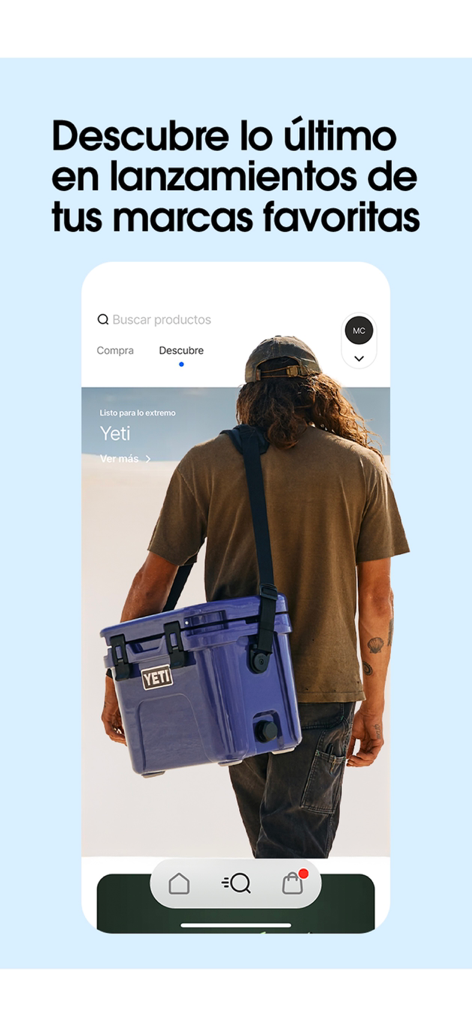 Pantalla de la aplicación Innovasport que muestra la sección de descubrimiento con una persona que lleva una nevera Yeti