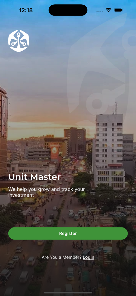 Welcome screen of the OMIG Wealth investment app featuring Unit Master