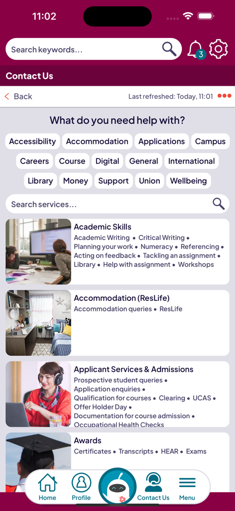 Beacon - Digital Guide - Beacon digital guide app interface showing contact us page with university support services