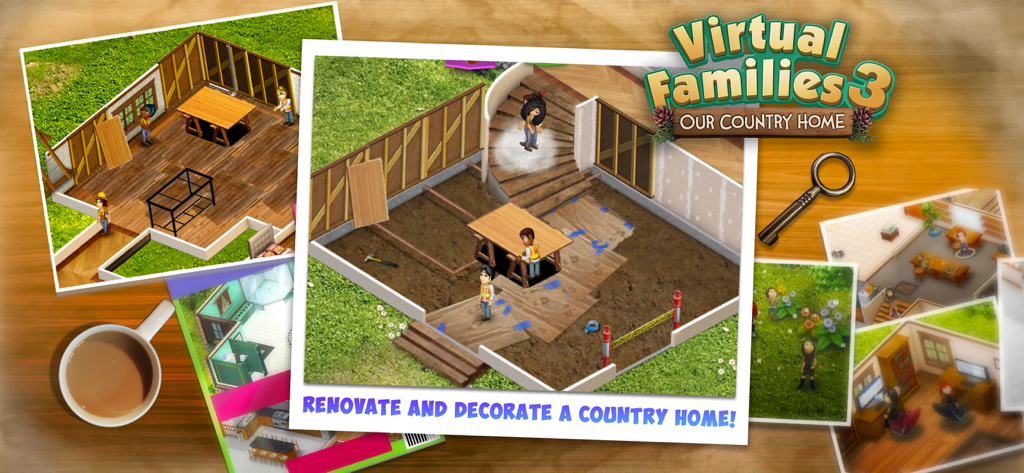 Virtual Families 3 Gameplay-Collage, die Szenen der Hausrenovierung und -dekoration zeigt