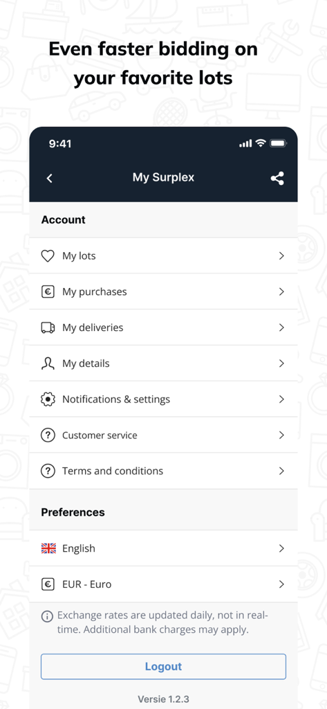Schermata dell'account utente dell'app Aste Surplex che mostra le opzioni del menu per acquisti di lotti e impostazioni.