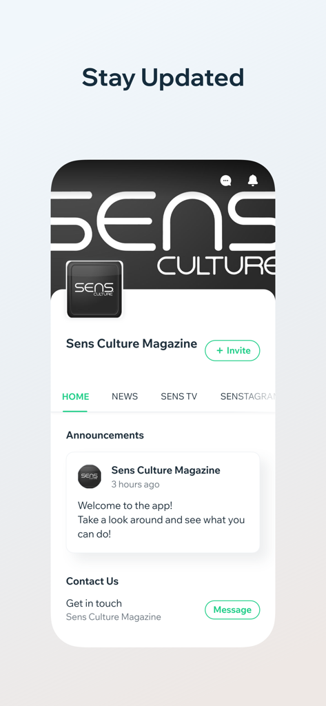 Sens Culture Magazine - Home screen of the Sens Culture Magazine app showing the announcements and contact sections