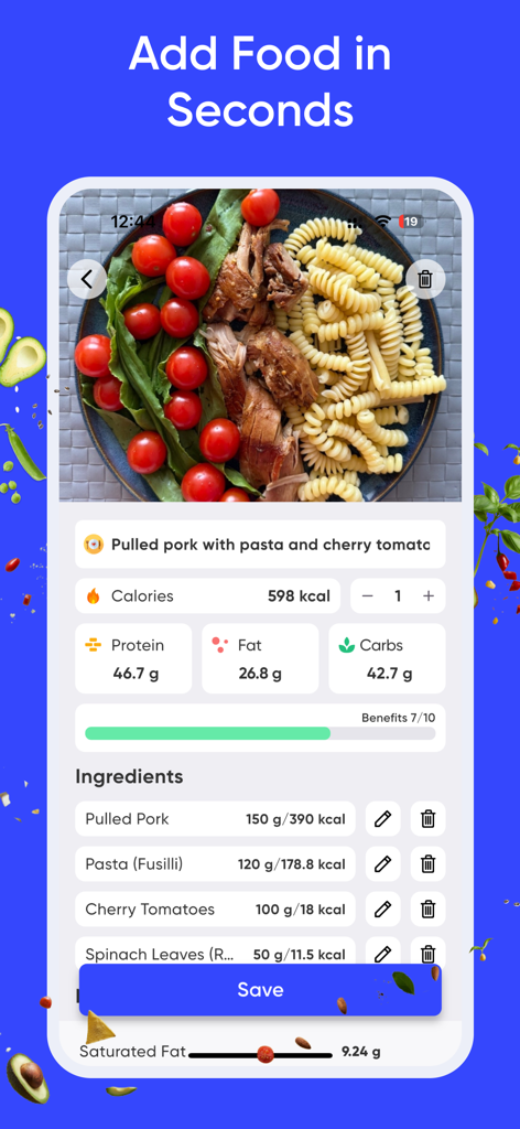 Calorie Counter by Wayout AI - Interfaz de la aplicación móvil Calorie Counter de Wayout AI que muestra un desglose detallado de macronutrientes y calorías para una comida