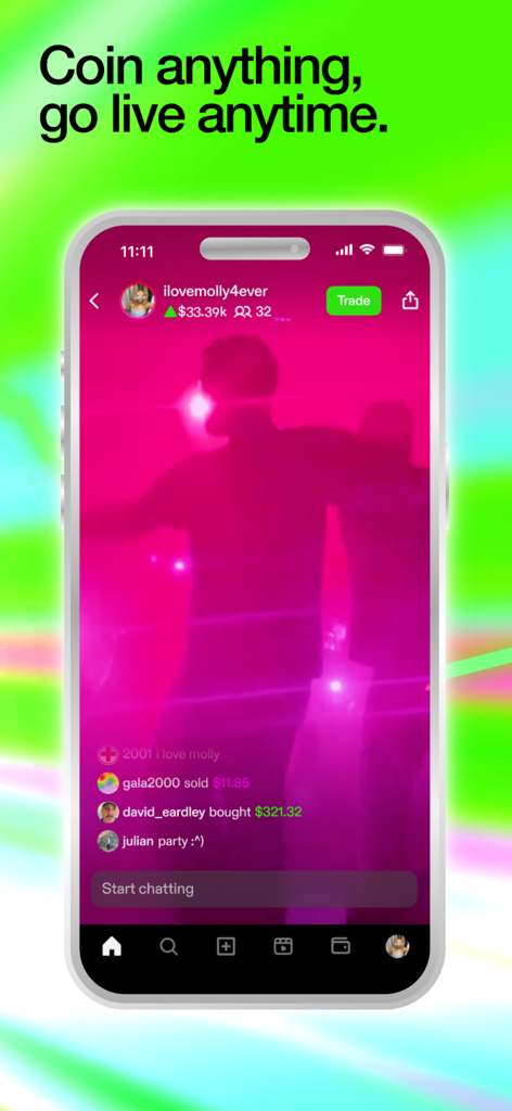 Zora: Post, Trade, Earn Crypto - A mobile app interface showing a live video stream with real-time creator coin trading updates and user comments