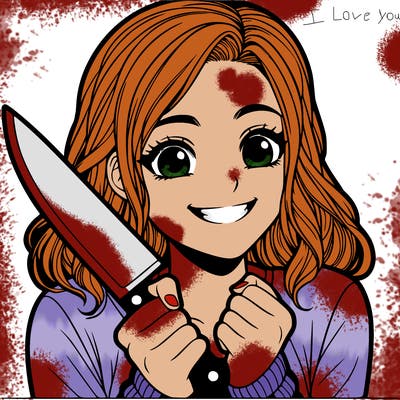 a realistic girl holding a knife and grinning