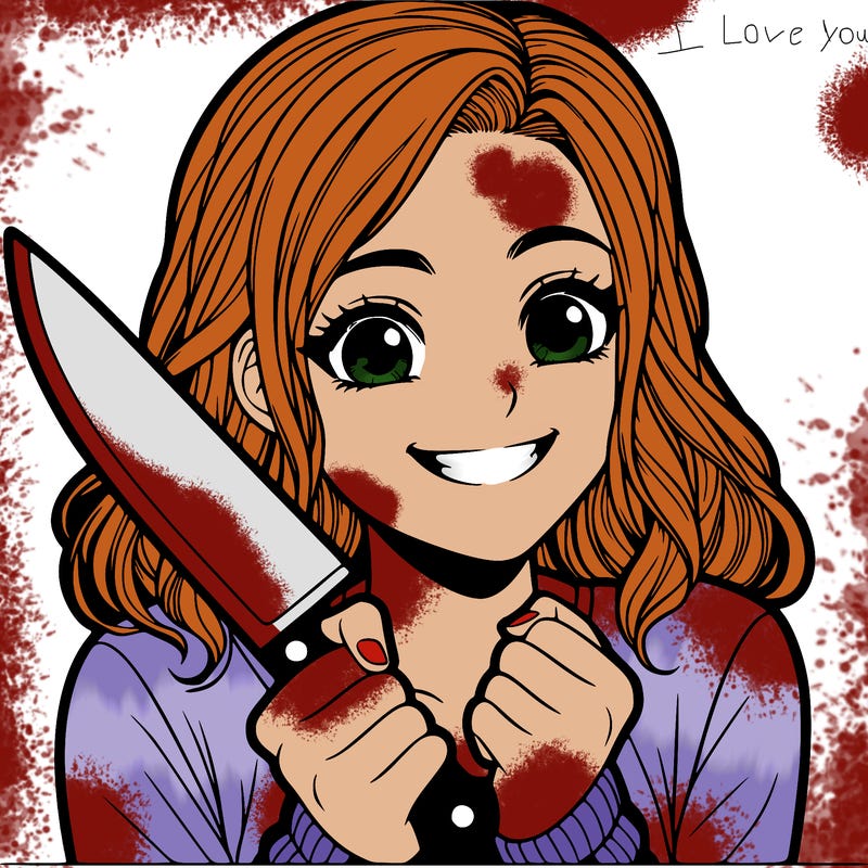 a realistic girl holding a knife and grinning