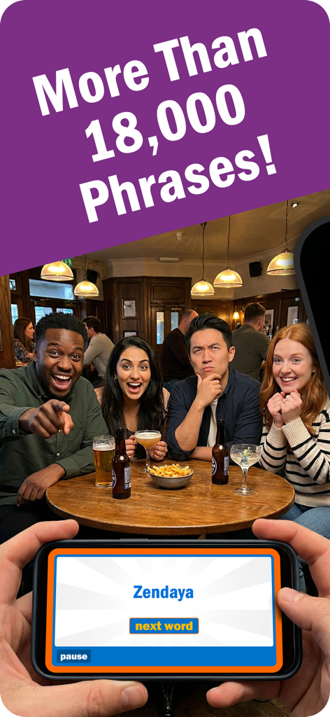 Phrase Frenzy - Catch It! - Group of friends playing the Phrase Frenzy party game at a bar